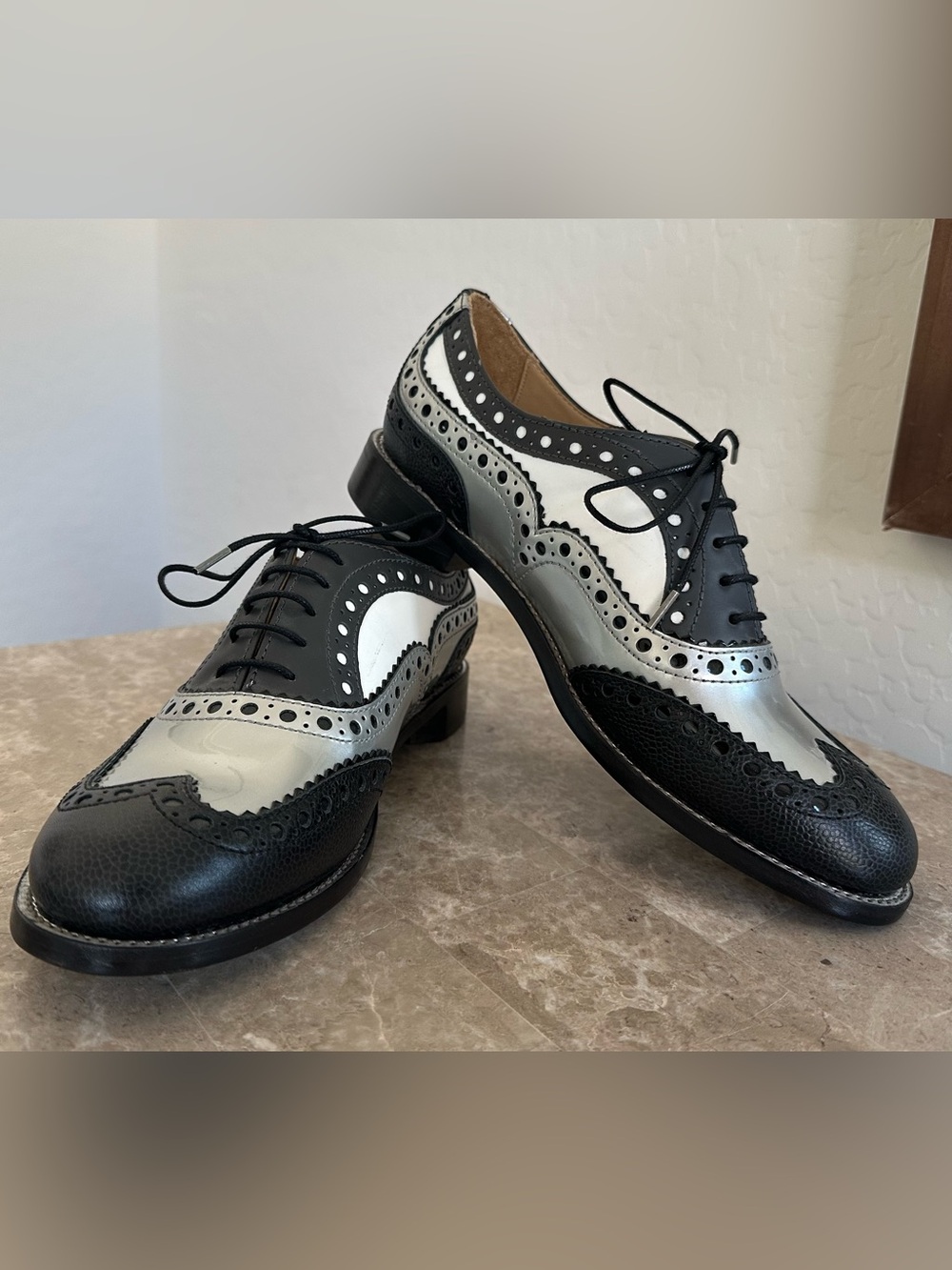 The Office of Angela Scott Women’s Black, White & Gray Wingtip Oxford Shoes